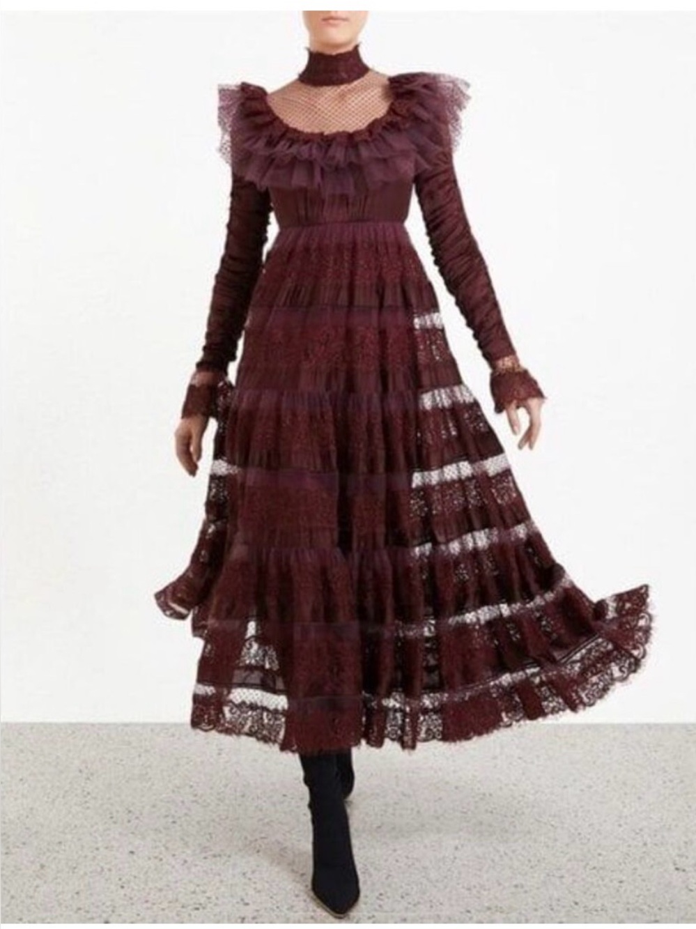 Zimmermann Burgundy Lace Tiered Midi Dress